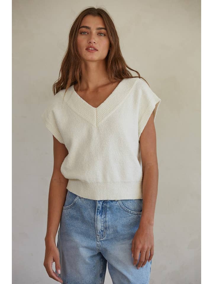 Ivory W1467 | Knit Sweater V-Neck Sleeveless Vest Top for wholesale on Faire