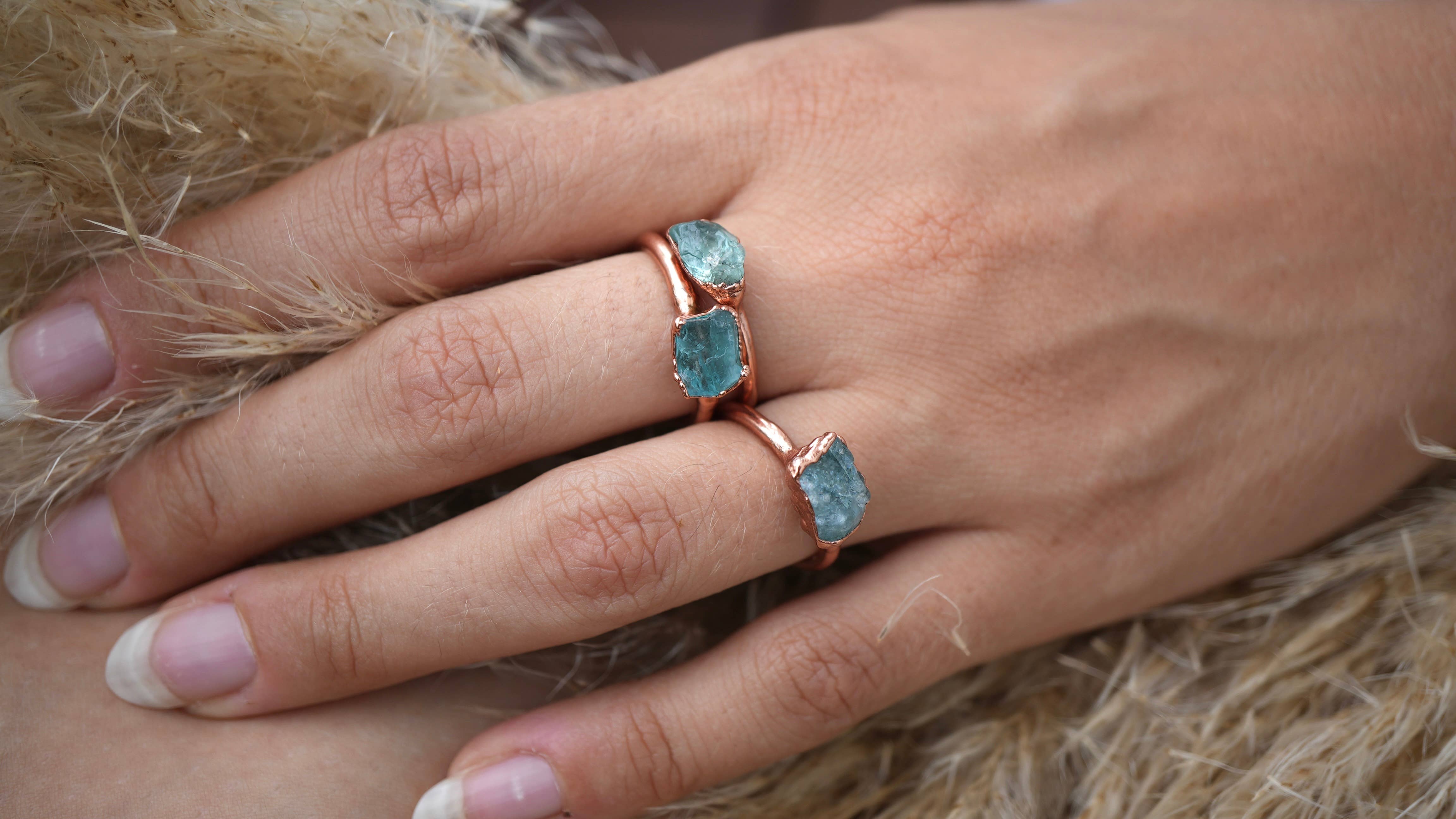 Daddy Daughter Jewelry - Wholesale Cocktail/Statement Ring - Raw Copper Blue Apatite Ring | Blue Stone Ring | Apatite6
