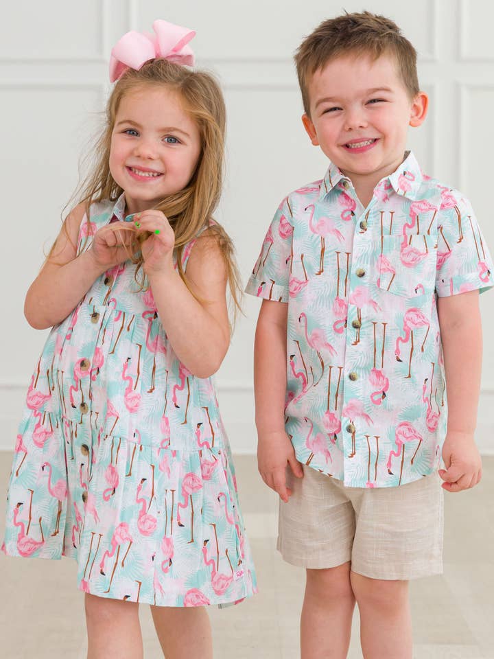 Multi Color Boys Vibrant Flamingo Short Sleeve Button Down Shirt for wholesale on Faire