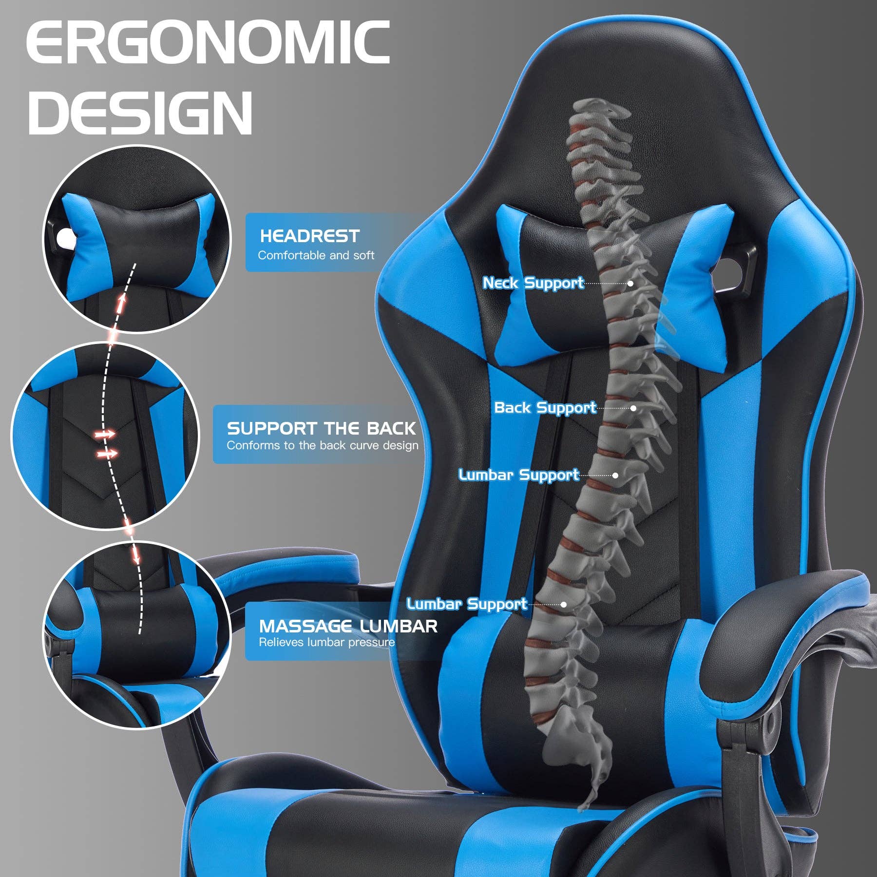 39F Inc. - Wholesale Chair - Blackblue Gaming Chair with Footrest & Ergonomic Support4