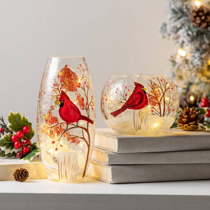 Transpac - Wholesale Vase - Glass Light Up Hand Painted Cardinal Vase Decor