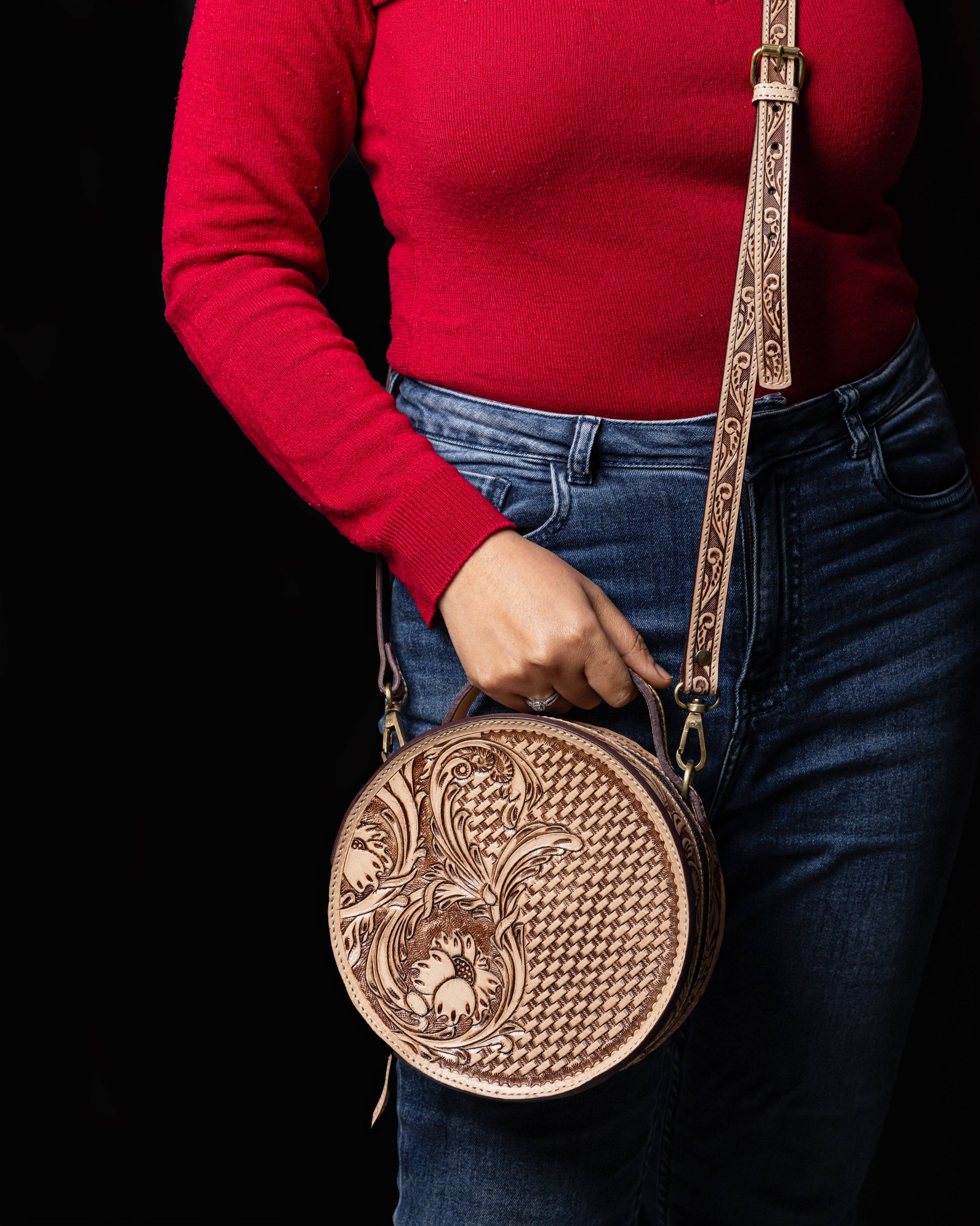 House of Kraft Jewelry & Accessories - Wholesale Top Handle Bag - Women's - Woven Petals Design | Brown Leather Bag | Round Bag2