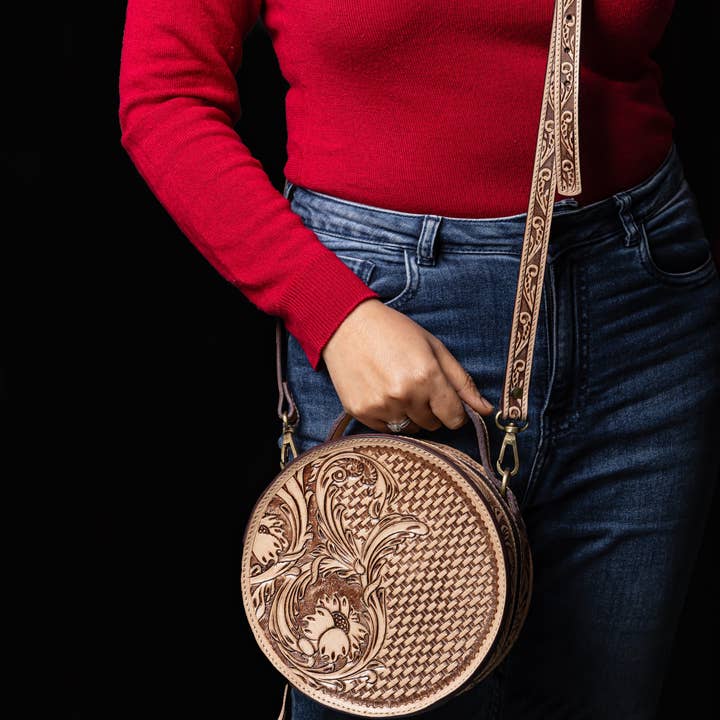 House of Kraft Jewelry & Accessories - Wholesale Top Handle Bag - Women's - Woven Petals Design | Brown Leather Bag | Round Bag2