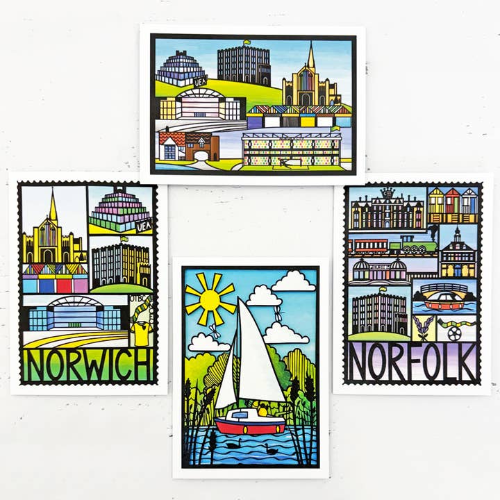 Norwich and Norfolk note cards - set of 4 boxed A6 cards for wholesale by The Leaf Press