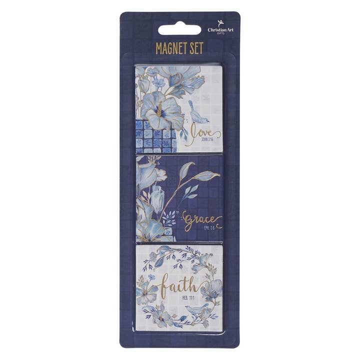 Magnet Set Blue Floral Love Grace Faith for wholesale by Christian Art Gifts