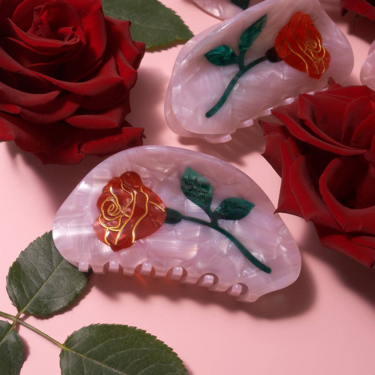 WINONA IRENE - Wholesale Hair Clip - Women's - Women's Belle Pink Single Red Rose Acetate Hair Claw 6