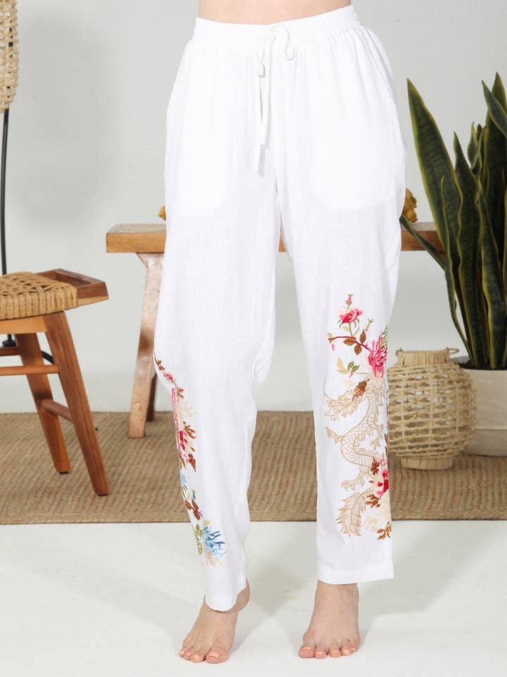 Pantalon Dragon Brodé en Lin Mélangé 3047-MAP pour la vente par Paparazzi