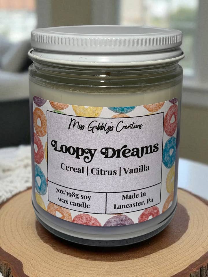 Loopy Dreams- 7oz Glass Jar Soy Candle for wholesale by Miss Gibbly’s Creations