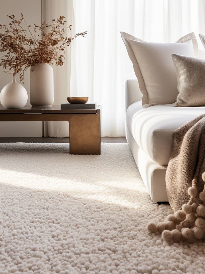 Boucle elfenbensfarvet tæppe i naturlig uld med struktureret design for engroshandel hos Rich Class Decor