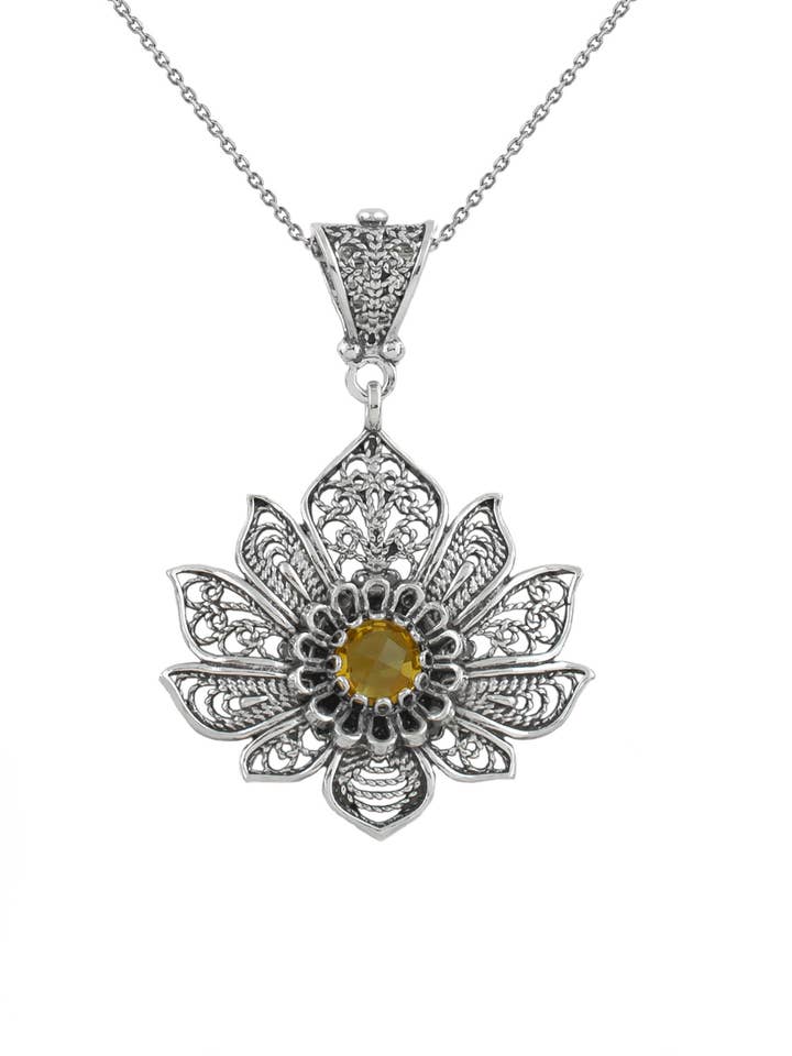 Filigree Art Citrine Gemstone Sterling Silver Lotus Flower Women Pendant Necklace for wholesale by Filigranist Jewelry