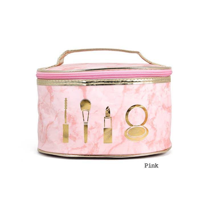PinktownUSA - Wholesale Makeup/Cosmetic Bag - Marbled Pink Round Cosmetic Pouch