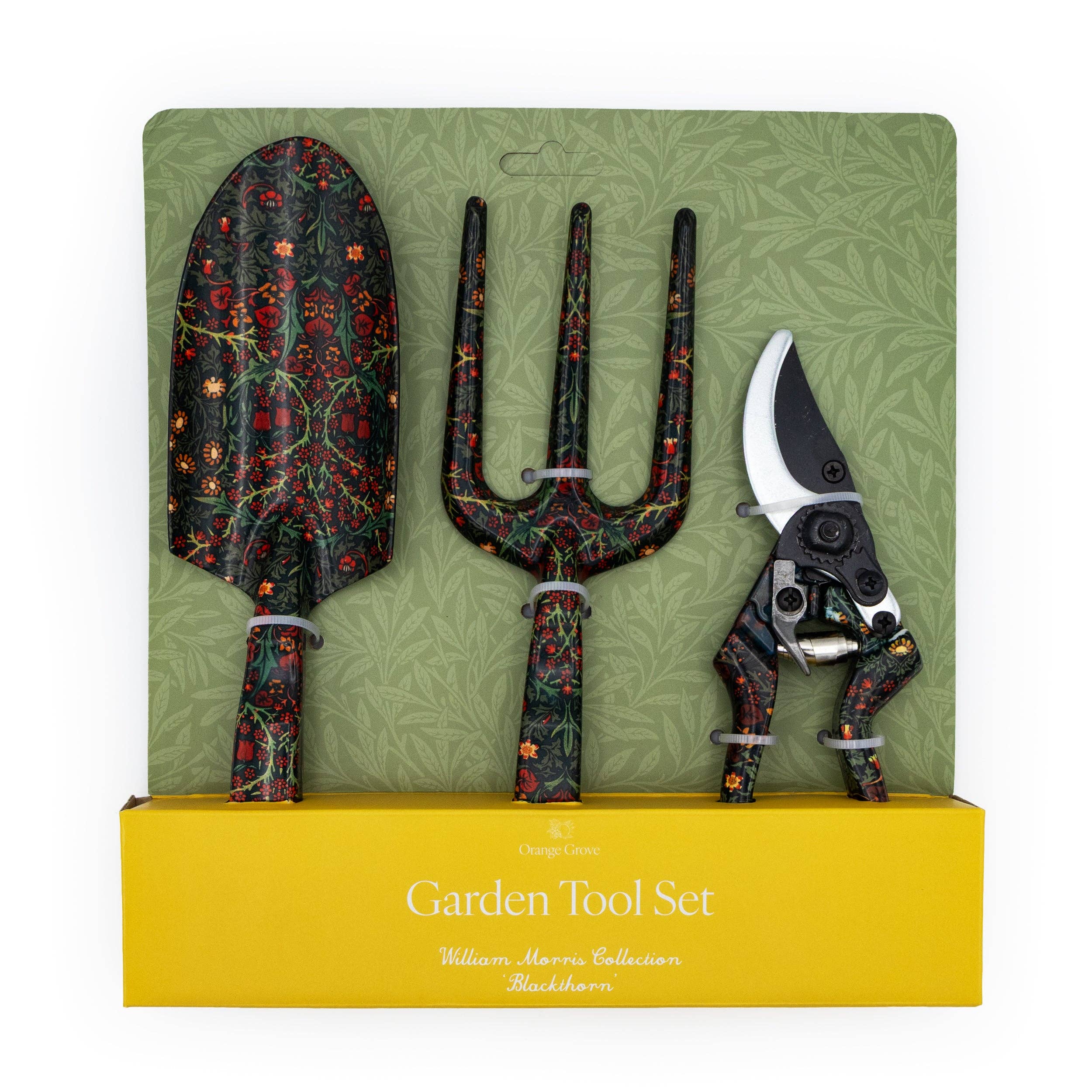 Robert Frederick Ltd – Großhandel Gartenwerkzeug – Orange Grove Gabel, Kelle und Gartenscheren Set - William Morris Blackthorn Design1