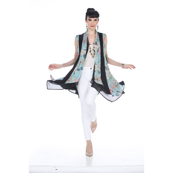 Chiffon Contrast Trim Vest - Aqua Bloemmotief voor wholesale door Aris A