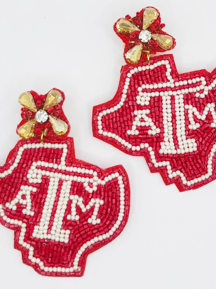 Texas A & M Maroon White Beaded Statement Earrings Game Day for wholesale by The Pearled Panther
