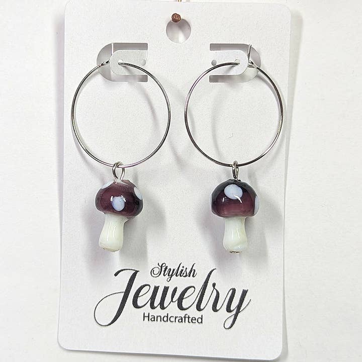 Stylish Jewelry Supply - Wholesale Dangle Earrings - Lampwork Glass Purple Mushroom Silver Earrings1