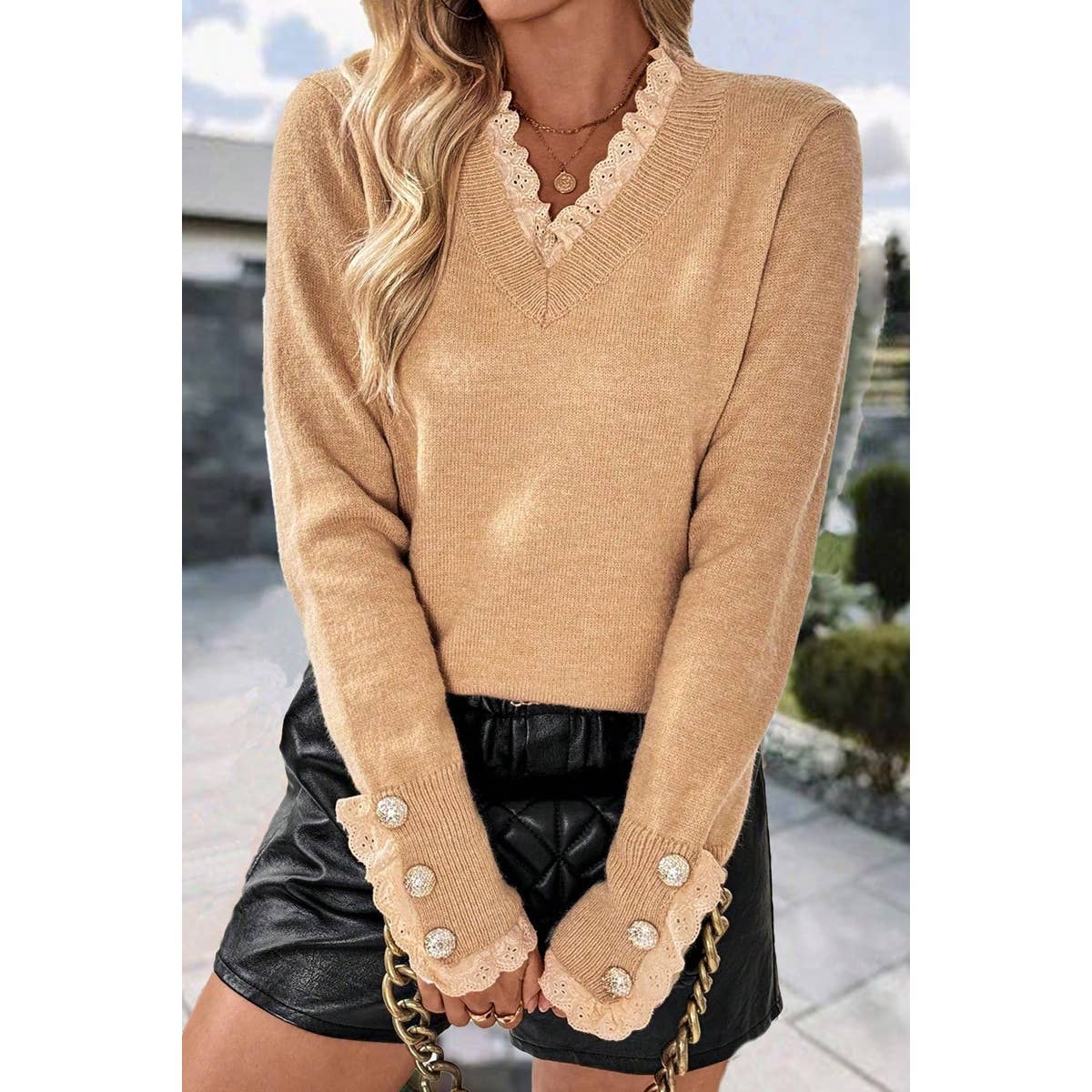 khaki Solid Crew Neck Lace Trim Button Knit Sweater for wholesale on Faire3