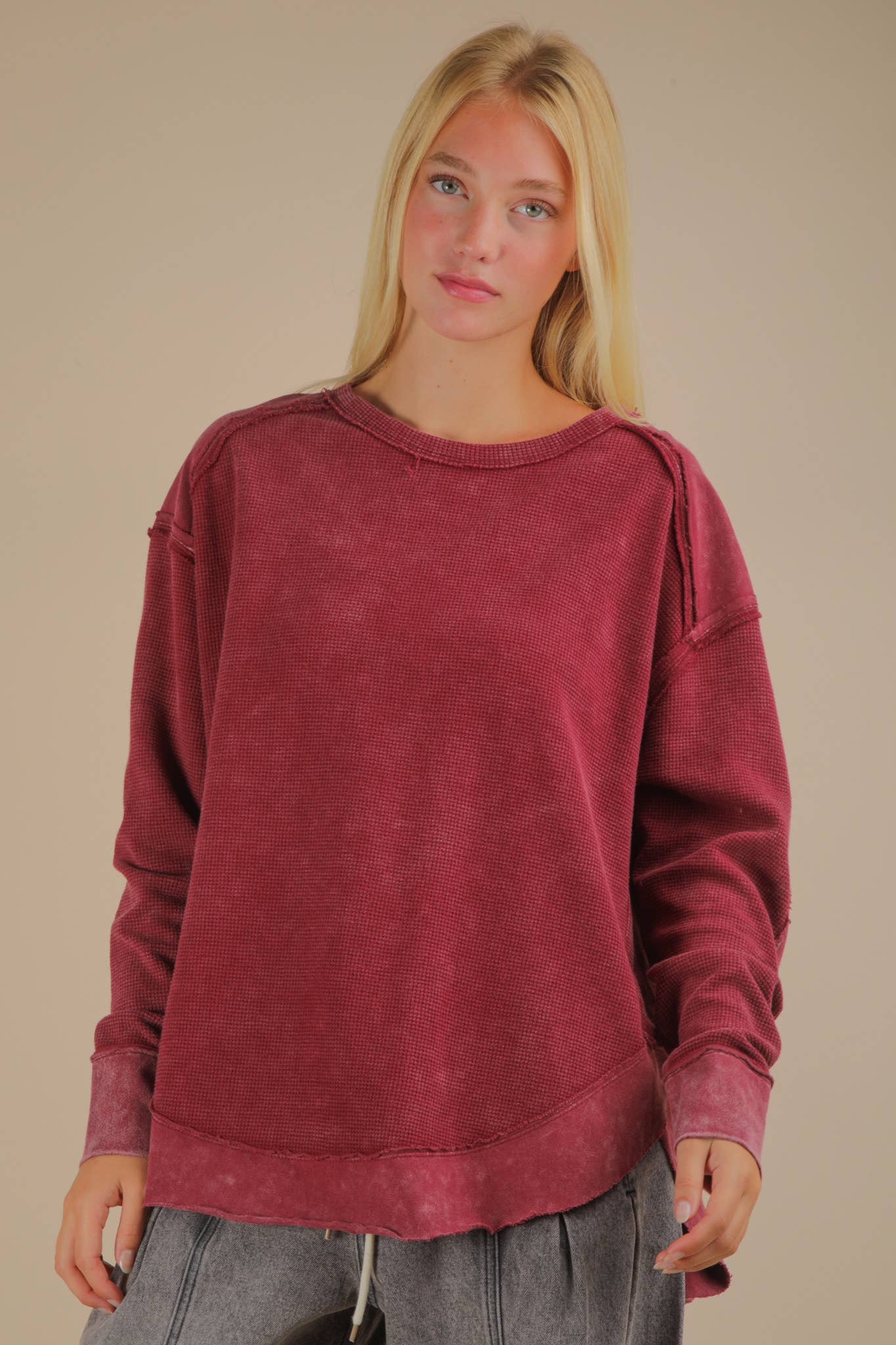 VERY J - Wholesale Knit Top - Women's - NT12234-Mineral Washed Elbow Patch Contrast Knit Top3