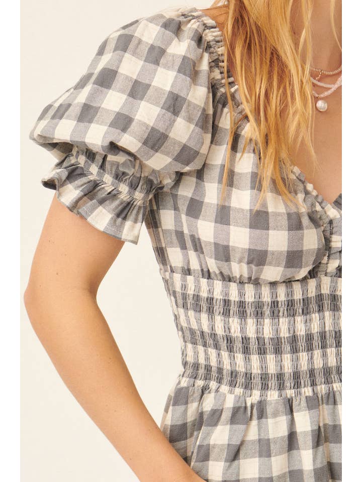 Promesa USA - Wholesale Dress - Women's - Plaid V Neck Ruffle Smock Flared Mini Dress