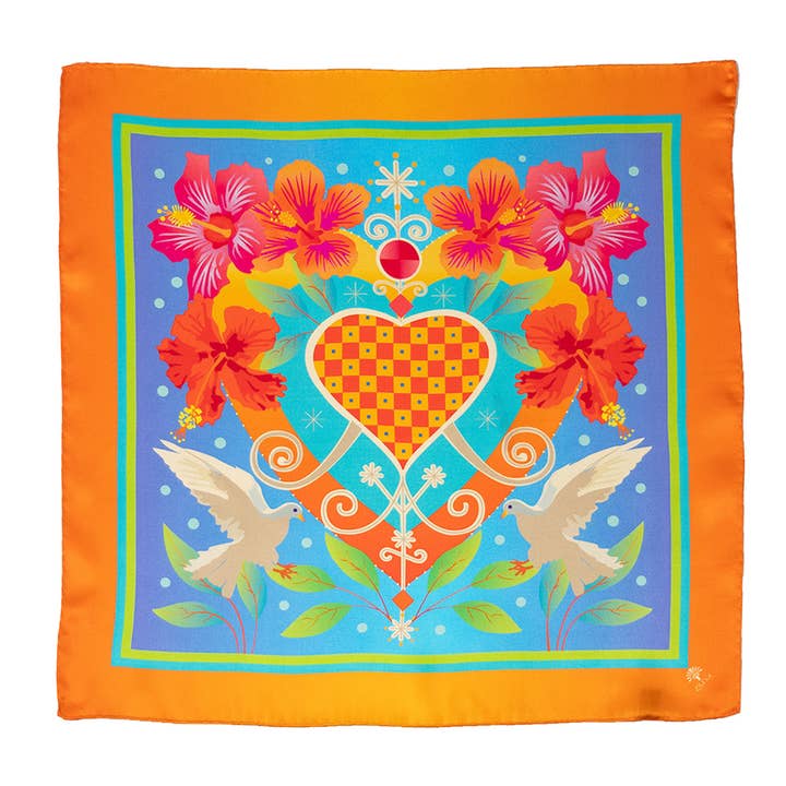 Lenço bandana luxuoso de seda italiana laranja e azul | Lenços com arte original inspirada no Haiti | Pequeno negócio feminino Azuei Caribbean por atacado de ZILEM