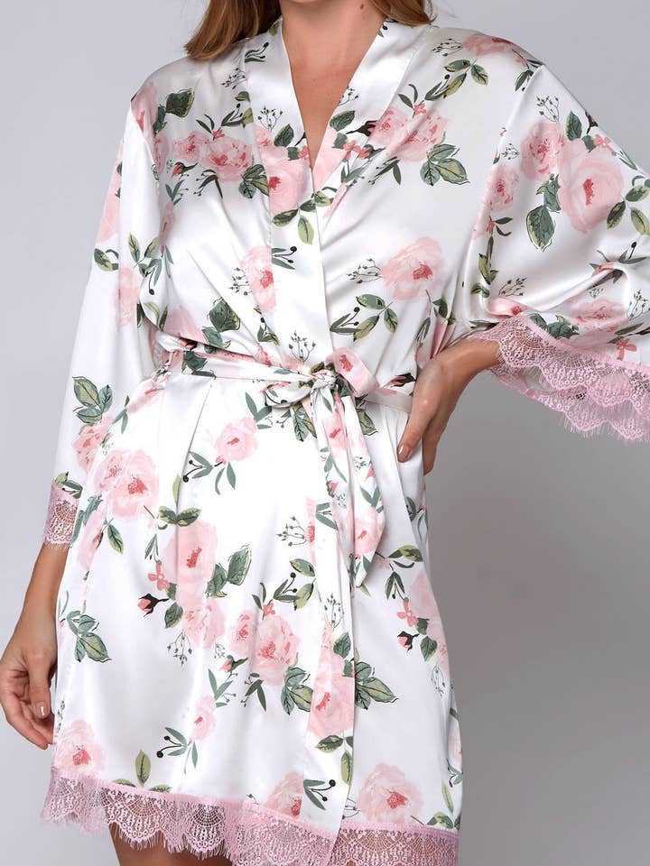 Evangeline Stretch Satin Floral Print Robe for wholesale by iCollection