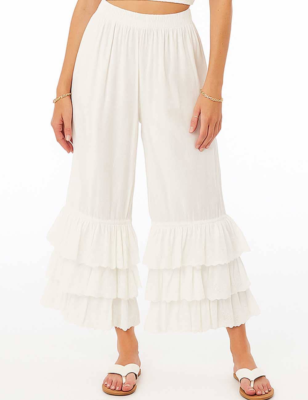 Sweetkama - Wholesale Pants - Women's - Ladies Solid Color Elastic Waist Pull -On Tiered Ruffle Pants0