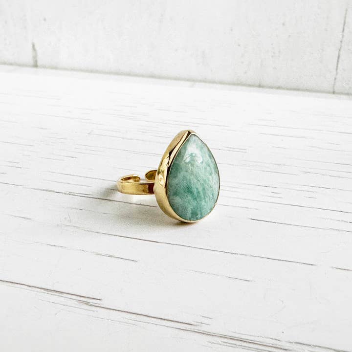 Rustic Gem Jewelry - Wholesale Cocktail/Statement Ring - Amazonite Teardrop Statement Ring in Gold and Silver
