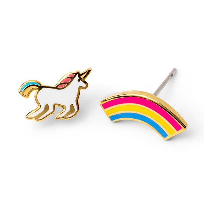Unicorn and Rainbow Earrings - Gold Statement Studs for wholesale by Yellow Owl Workshop