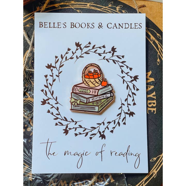 Belle's Books & Candles - Wholesale Lapel pin/button - Cottagecore Book Stack Enamel Pin | Little Women Pin2