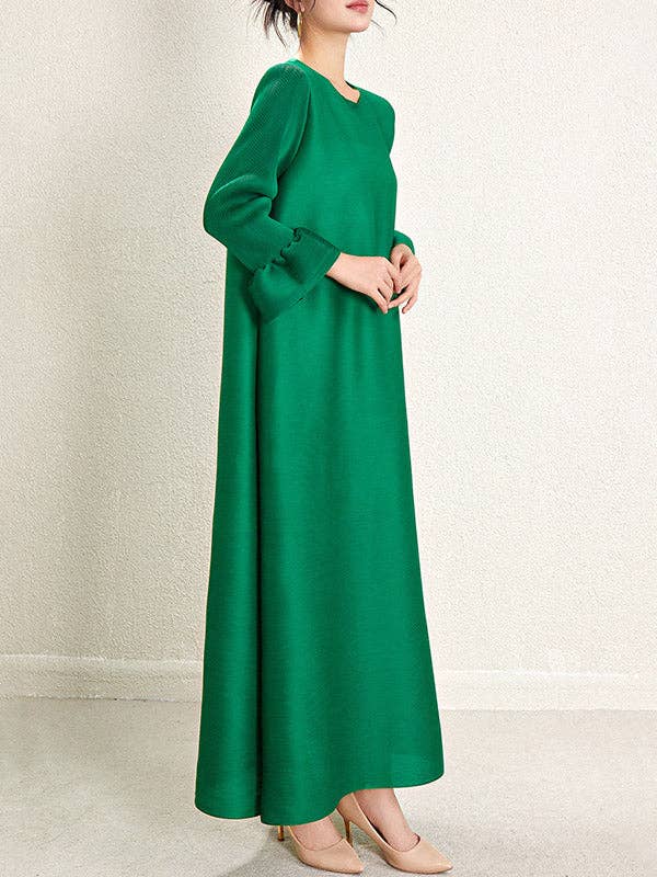 Sheer Trend - Wholesale Dress - Women's - A-Line Loose Pleated Solid Color Round-Neck Maxi Dresses4