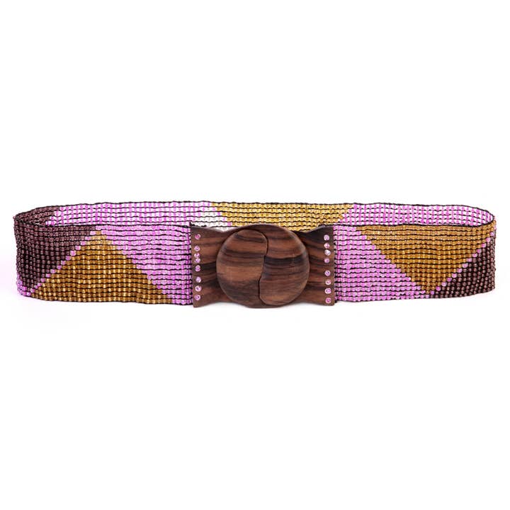 Glass bead belt wood scroll triangles amethyst gold for wholesale by Erik & Mike