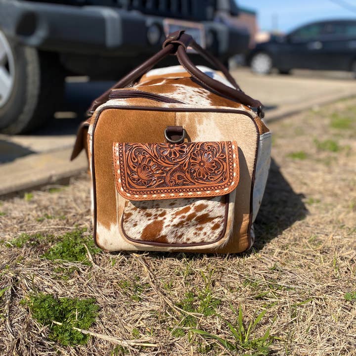 Western Linens - Wholesale Weekender Bag - Women's - Brown Cowhide & Tooled Leather Duffle Bag