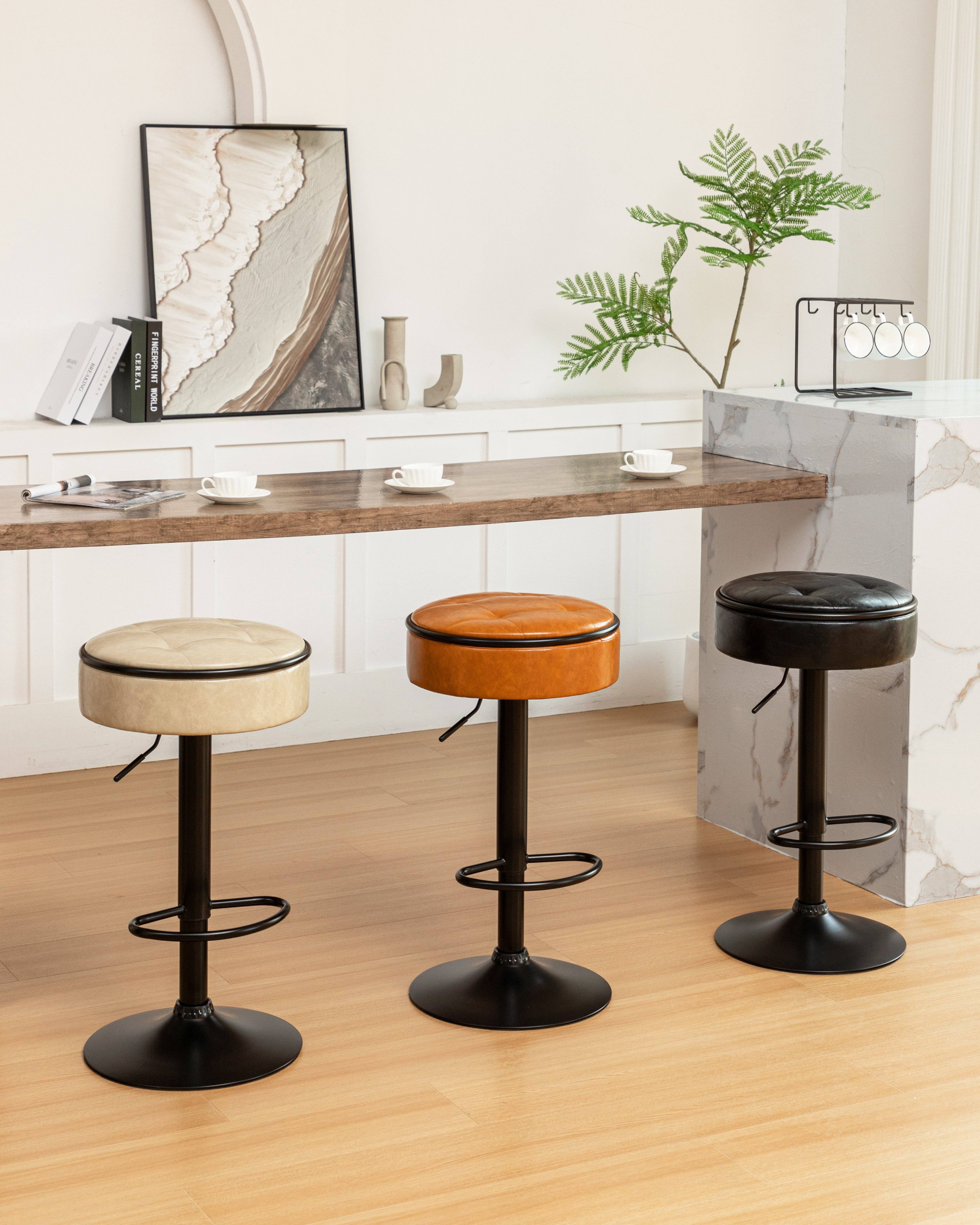 Orange County Decor - Wholesale Stool - Round Storage Bar Stool Set Of 2, Khaki Faux Leather Height Adjustable Barstool, 360 Counter Height Swivel Stool, Armless Bar Chair With Metal Frame For Kitchen Counter Dining Living Room Khaki Set2