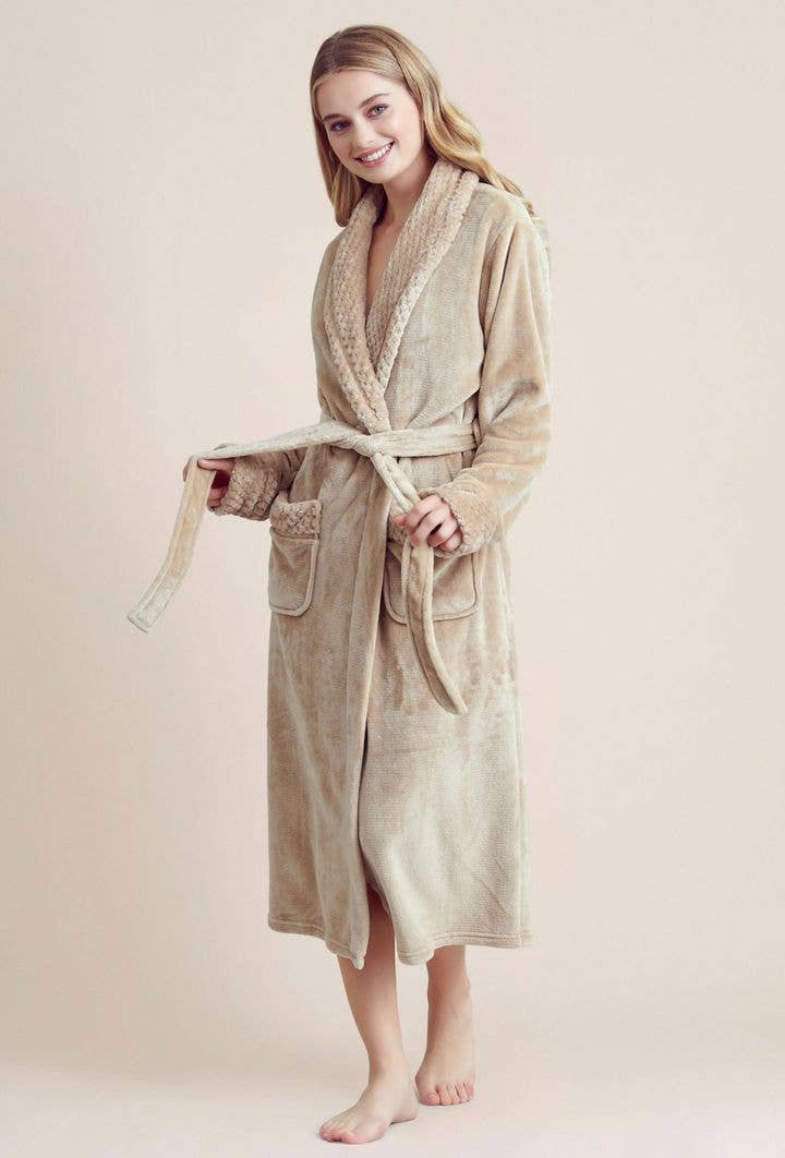 robesnmore – wholesale Robe – Women's – Women Plush Shawl Collar Robe Taupe4