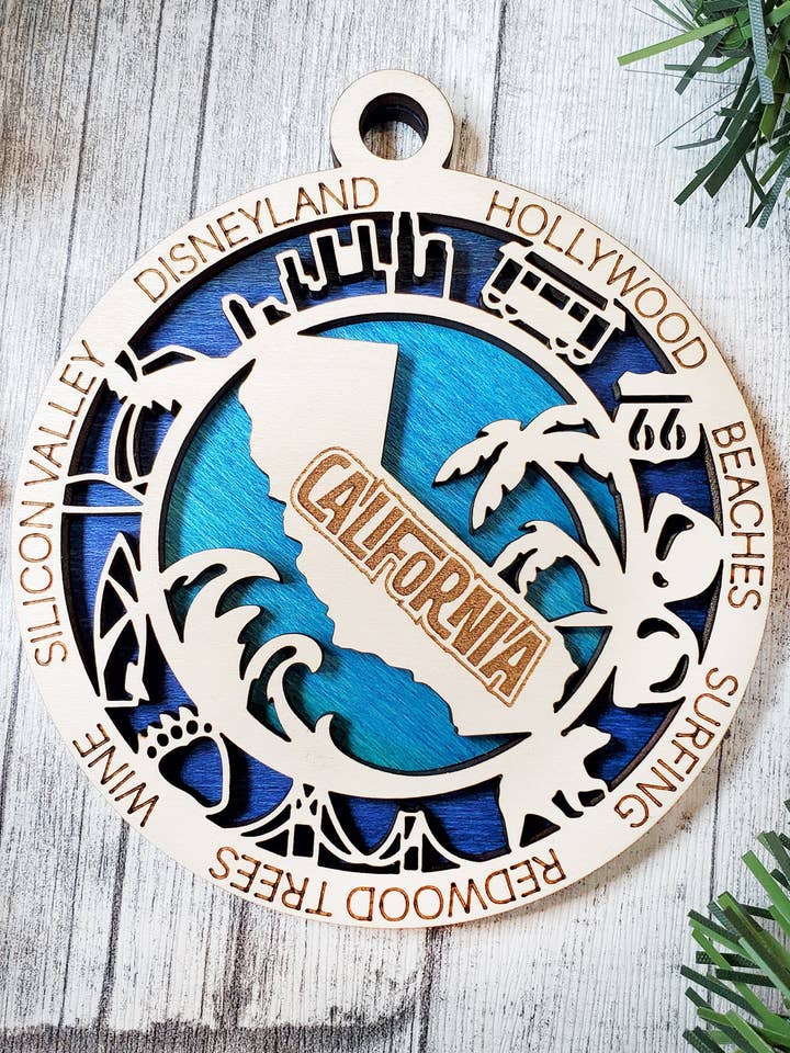 State Ornament - Wood USA Ornament - Christmas Ornament - California Ornament for wholesale by Creekside Cottage Designs