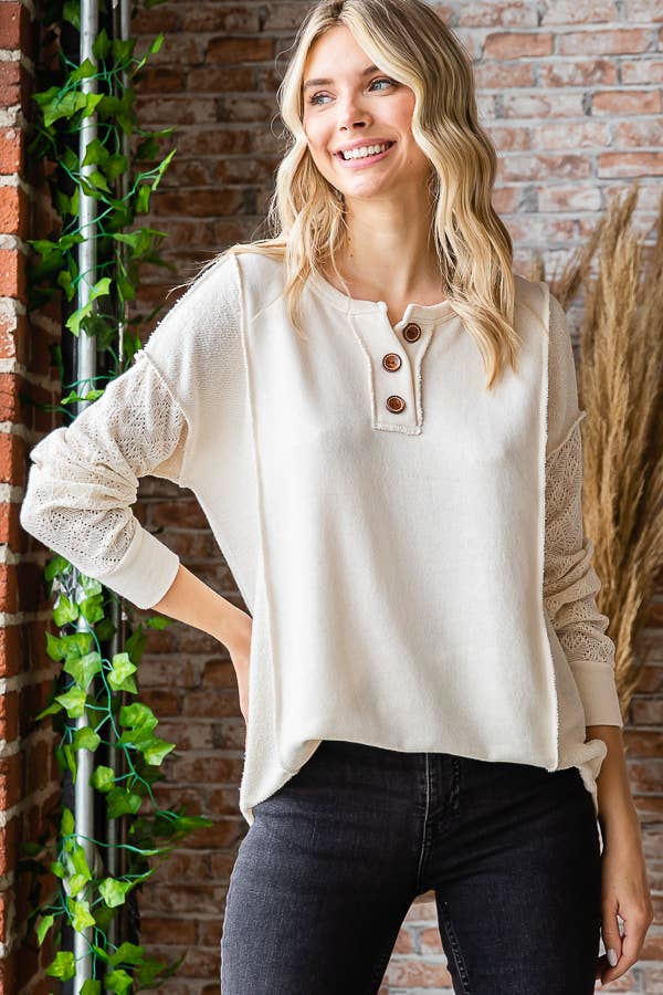 7th Ray - Vente Haut en maille – femme - Haut à manches longues en mélange de coton avec contraste en dentelle et boutons devant T525327