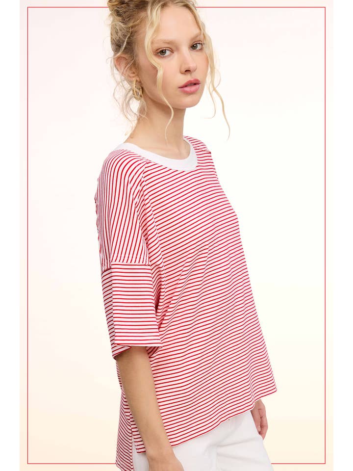 La Miel - Wholesale T-shirt – women's - HDT7703-Basic Striped Drop Shoulder Short Sleeves Top2