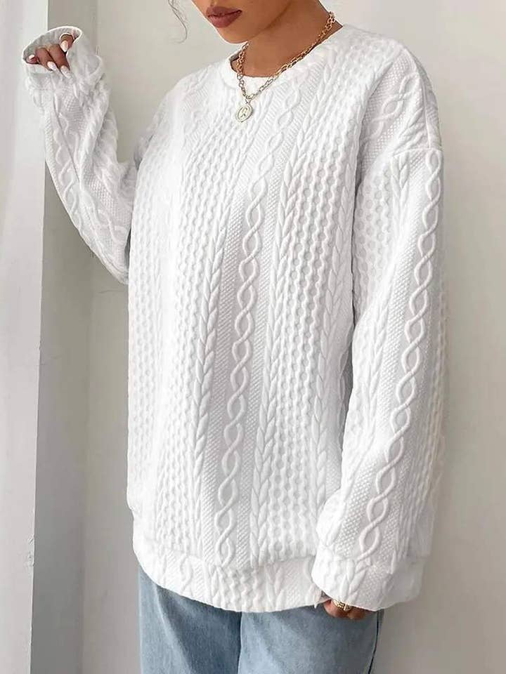 WEISS Langärmliges Sweatshirt mit Zopfmuster und O-Ausschnitt für den Großhandel auf Faire