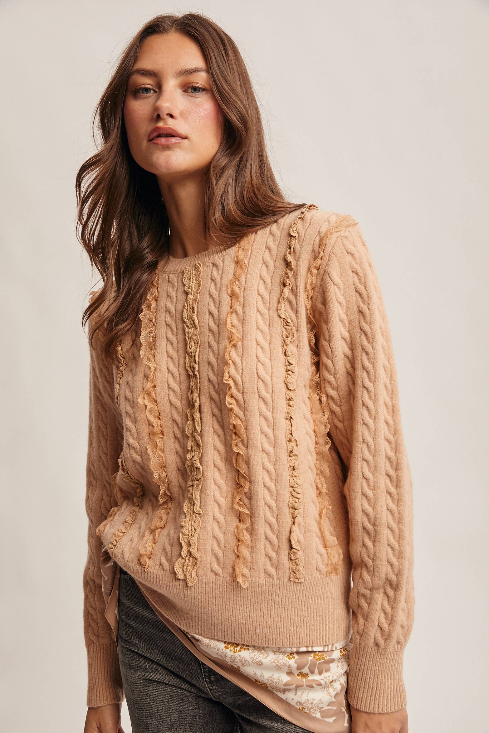 Forte - Wholesale Knit Sweater - Women's - Lace Trim Cable Knit Pullover FSW001012