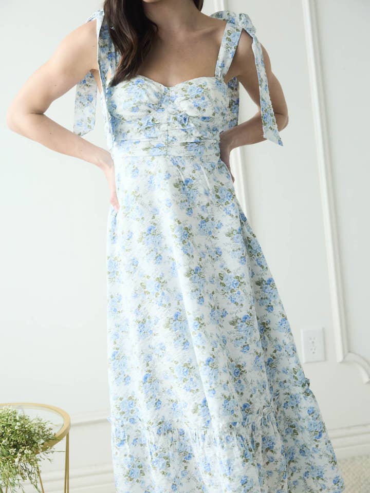 Blu Pepper - Wholesale Dress - Women's - FLORAL TIE STRAP RUCHED DETAIL MAXI DRESS