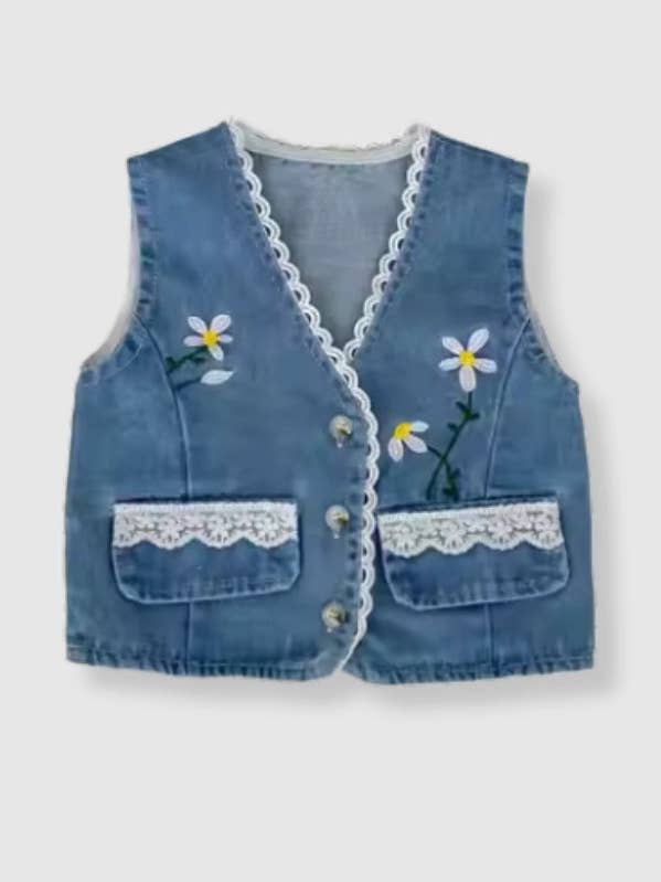 100% Cotton Denim Embroidered Vest for wholesale by Bleu & Co