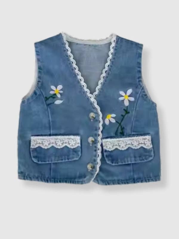 100% bomuldsdenim broderet vest for engroshandel hos Bleu & Co