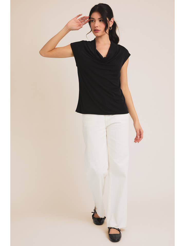 Black SHORT SLEEVE COWL NECK TOP for wholesale on Faire