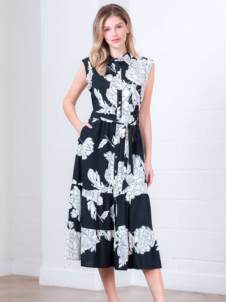 PD20210T-BUTTON UP FLORAL MIDI DRESS WITH SELF BELT TIE for wholesale by Taelynn