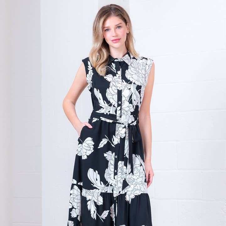 PD20210T-KNOPF-DOWN FLORALES MIDI-KLEID MIT SELBSTGEBUNDENEM GÜRTEL für den Großhandel von Taelynn