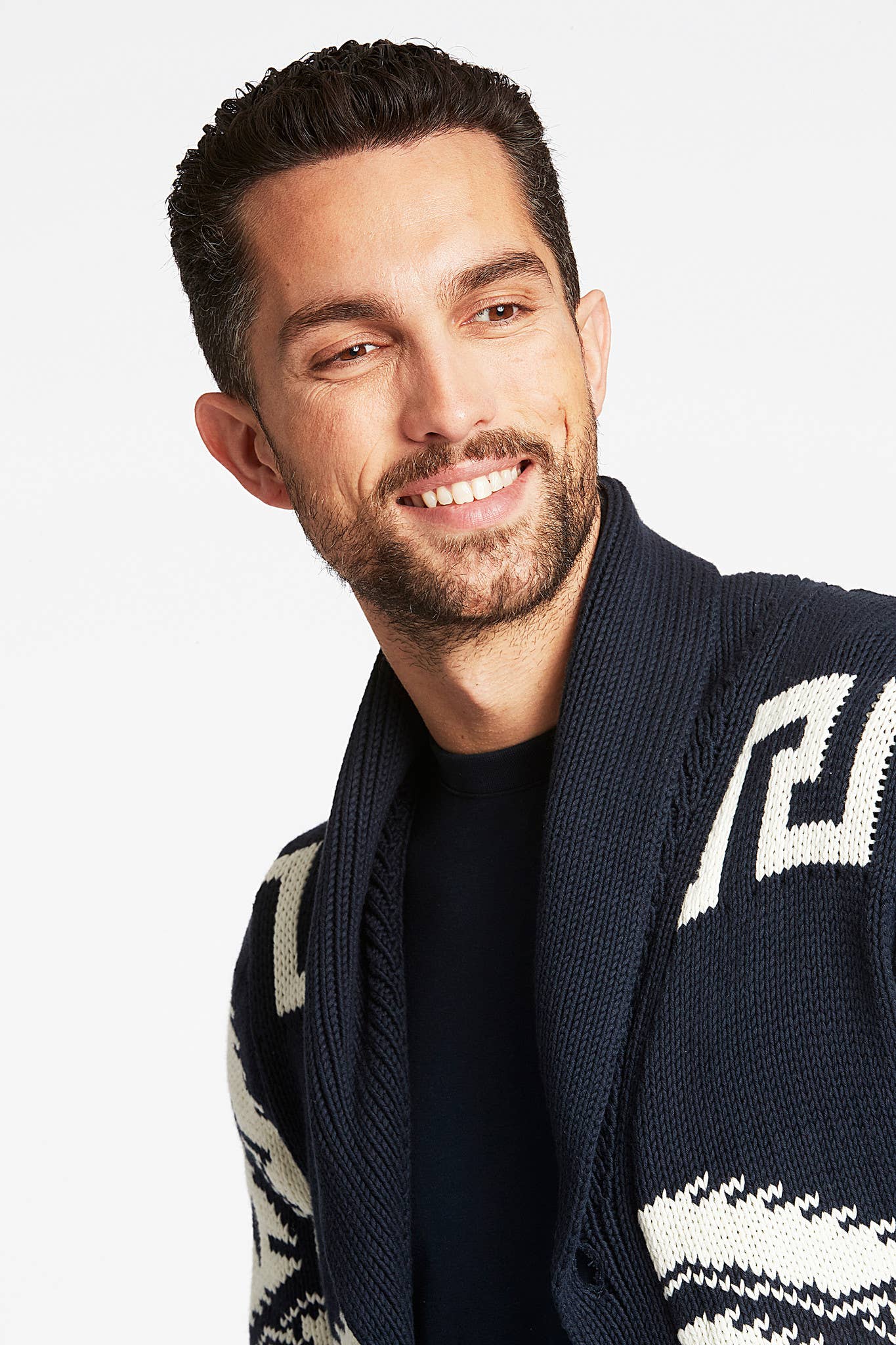 NAVY Shawl Collar Intarsia Cardigan Style: 30-827014US for wholesale on Faire5