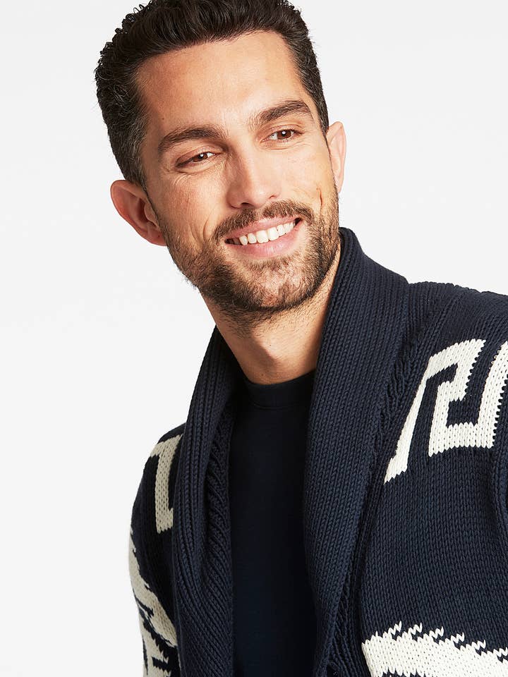 NAVY Shawl Collar Intarsia Cardigan Style: 30-827014US for wholesale on Faire5