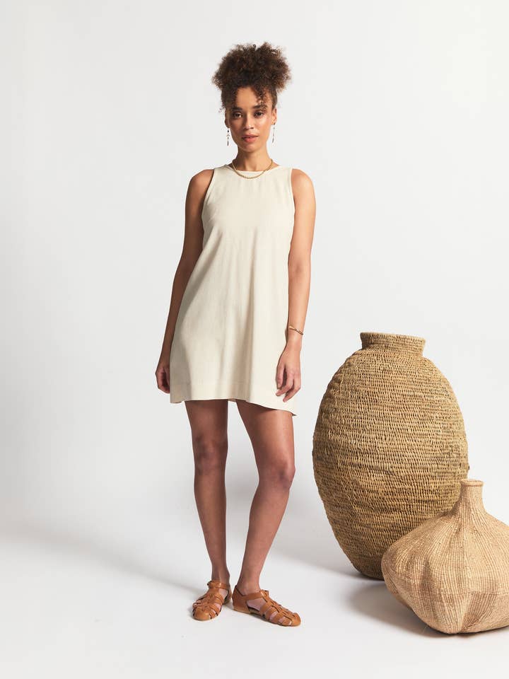 Mini | Sleeveless Open Back A-Line Dress | Oatmeal for wholesale by Sitting Pretty