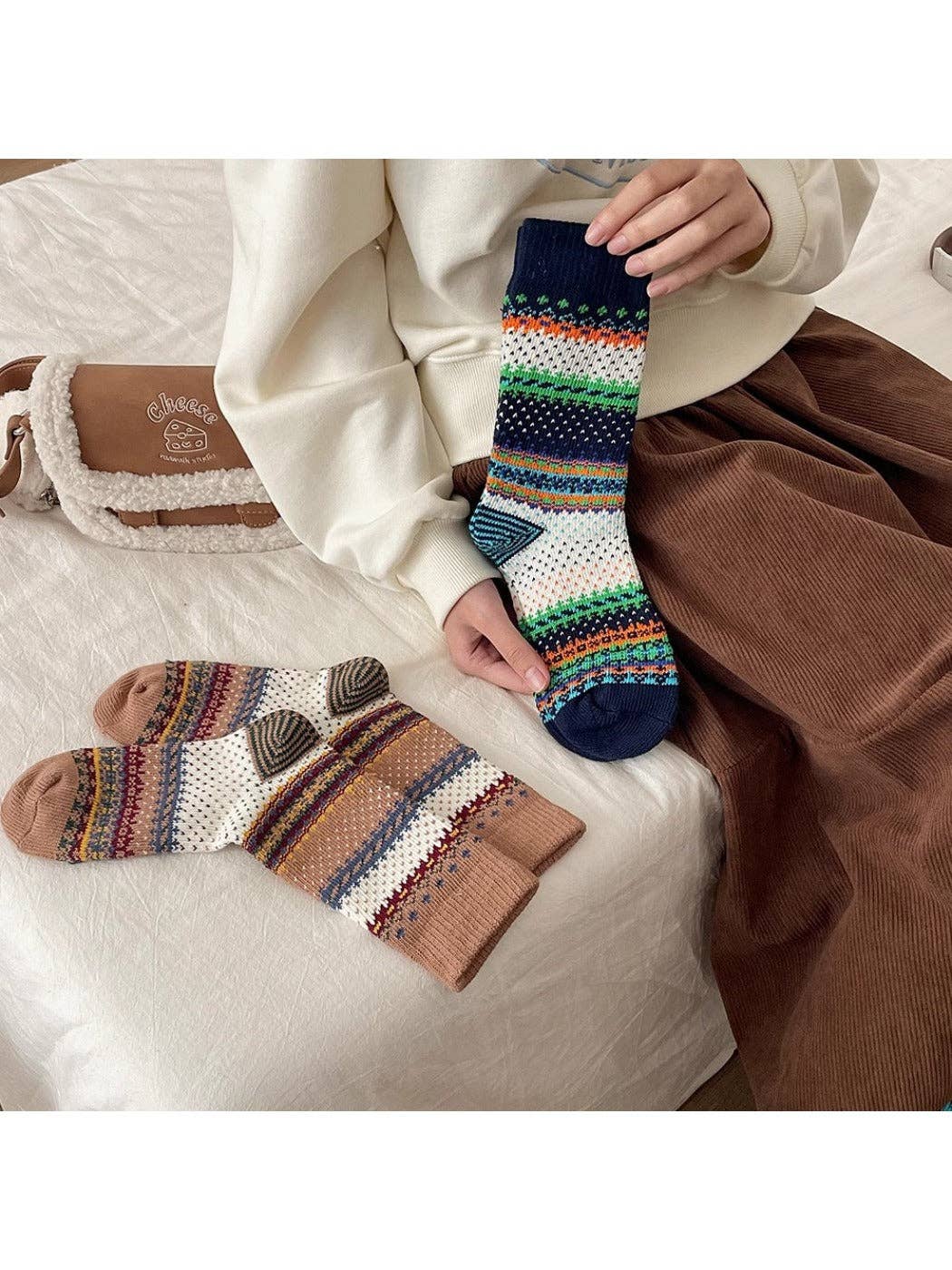 Funkyrel® Atzbranding Limited - Wholesale Socks - Women's - Rufia - Retro Checkered Knit Crew Socks for Winter7