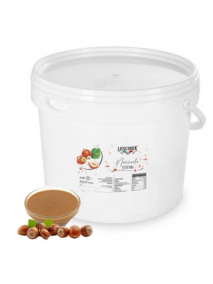 Reine geröstete Haselnusspaste im 20-kg-Eimer für den Großhandel von LUSCIOUX - OMNIA GROUP SRL