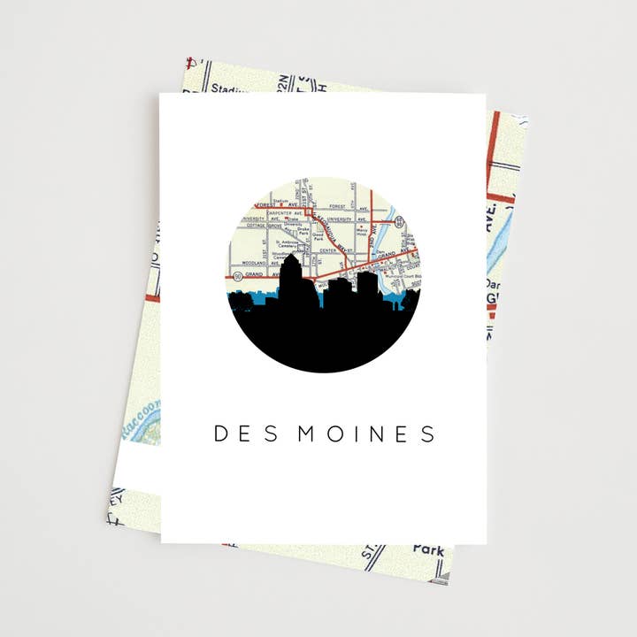 Des Moines Iowa skyline and map greeting card for wholesale by Paperfinch Design